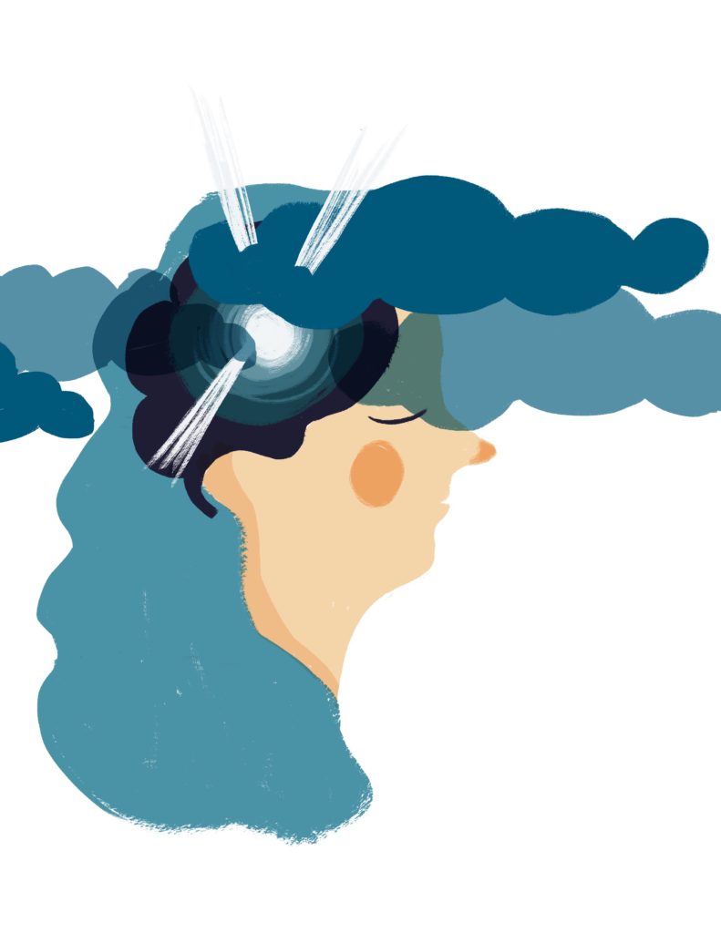 Woman in profile with dark hair, wearing headphones, surrounded by blue clouds and light rays.