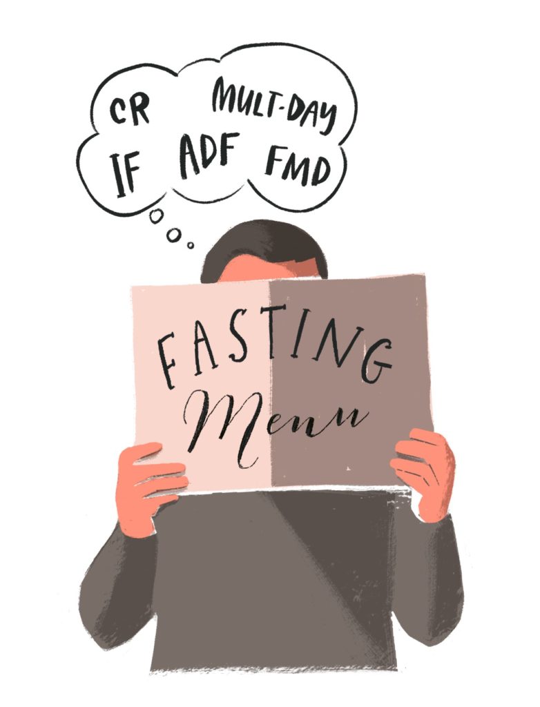 Person holding a fasting menu document with thought bubble listing fasting terms: CR, IF, Multi-Day, ADF, FMD.