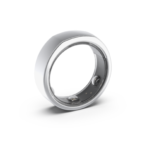 Smart ring with white and dark gray bands displayed at an angle on white background.