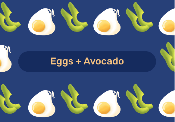 Repeating pattern of fried eggs and avocado slices on dark blue background with "Eggs + Avocado" text label.