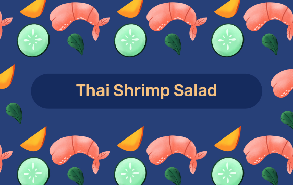 Thai Shrimp Salad recipe title on dark blue background with illustrated shrimp, lime, and orange slices.