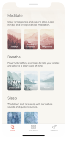 Zero app home screen showing Meditate, Breathe, and Sleep sections with nature imagery and guided course options.