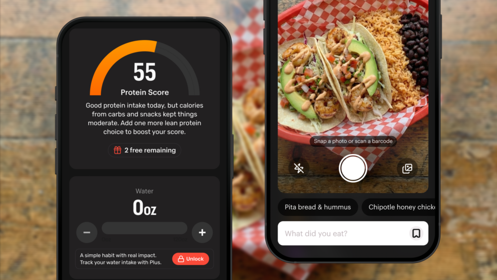 Screenshot of the Zero app showing a Protein Score of 55 and the photo logging camera view with a plate of tacos and rice