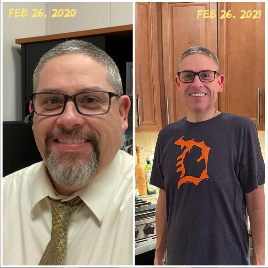 Before and after photos from Feb 26, 2020 to Feb 26, 2021 showing a man's transformation.