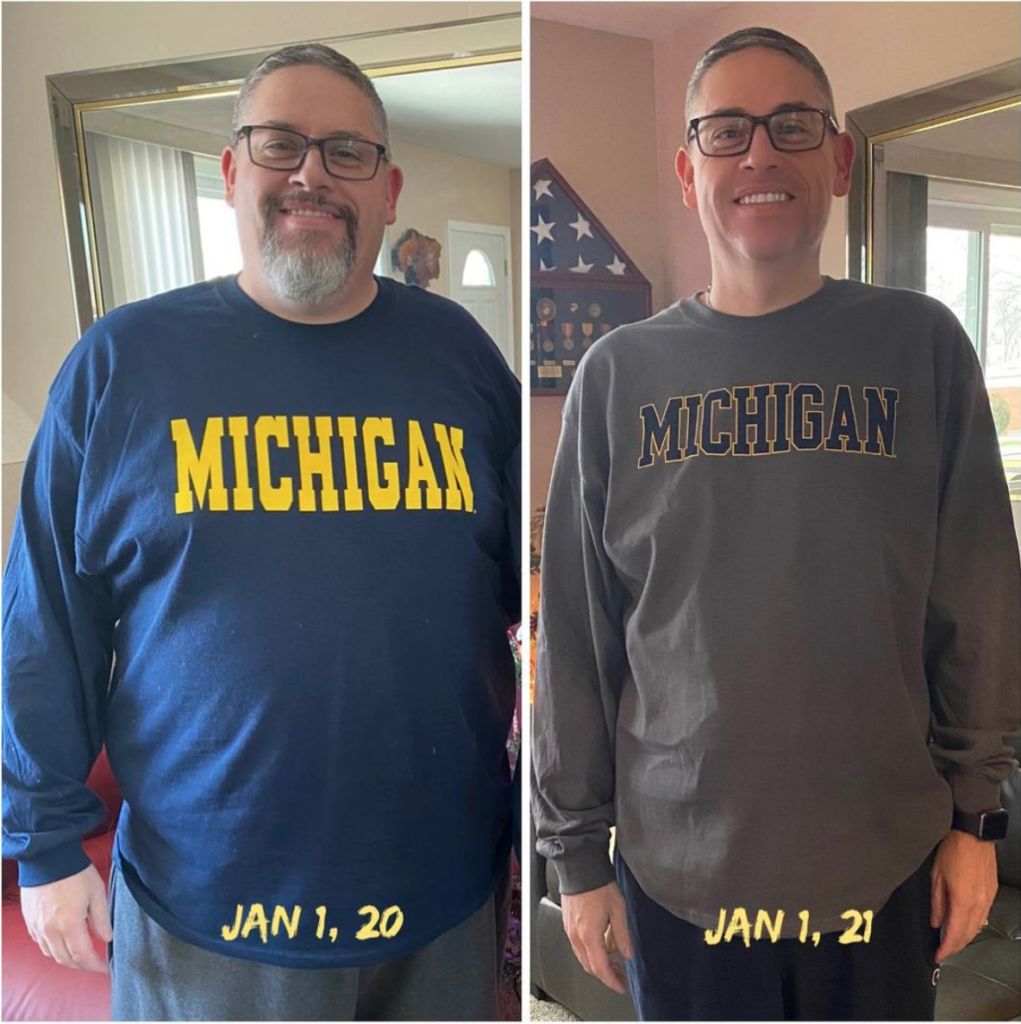 Man in Michigan sweatshirt shown in before and after photos dated Jan 1, 20 and Jan 1, 21.
