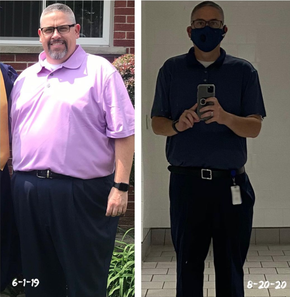 Before and after comparison showing a man's weight loss transformation between June 2019 and August 2020.