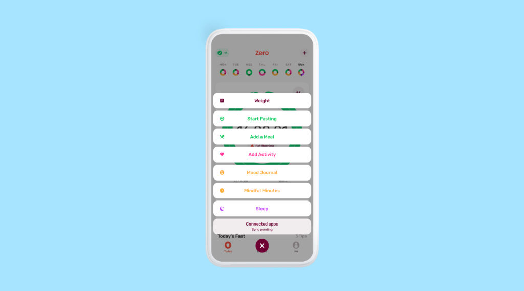 Zero fasting app home screen showing weekly progress circles, with menu options for Weight, Start Fasting, Add a Meal, Add Activity, Mood Journal, Mindful Minutes, Sleep, and Connected apps.