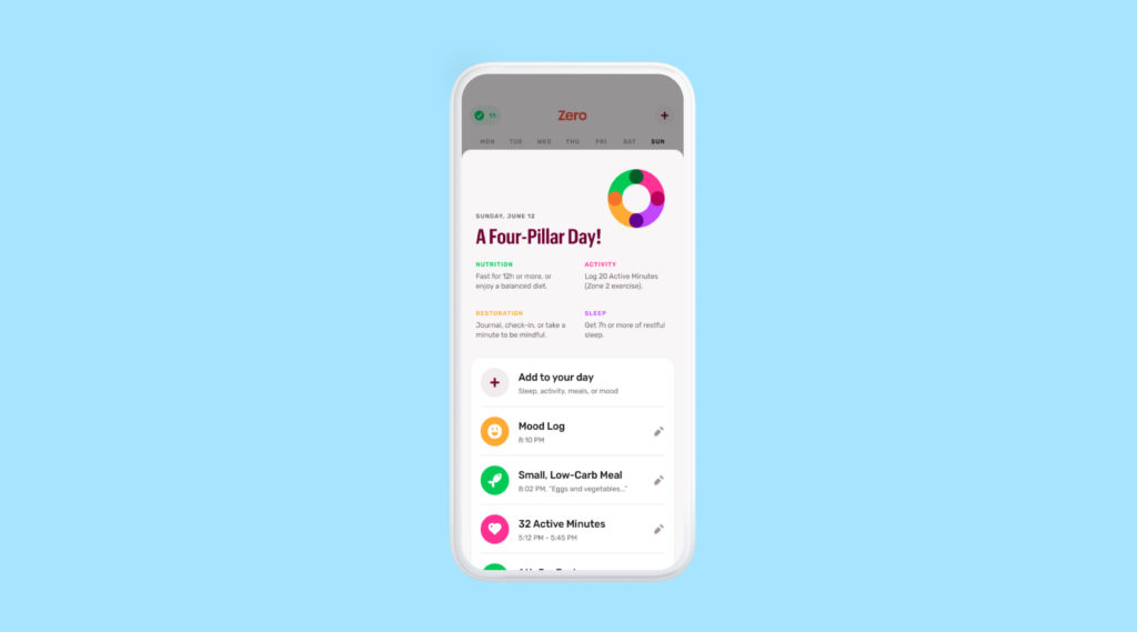 Zero app home screen showing a Four-Pillar Day for June 12 with nutrition, activity, restoration, and sleep goals, plus logged mood, meal, and exercise entries.