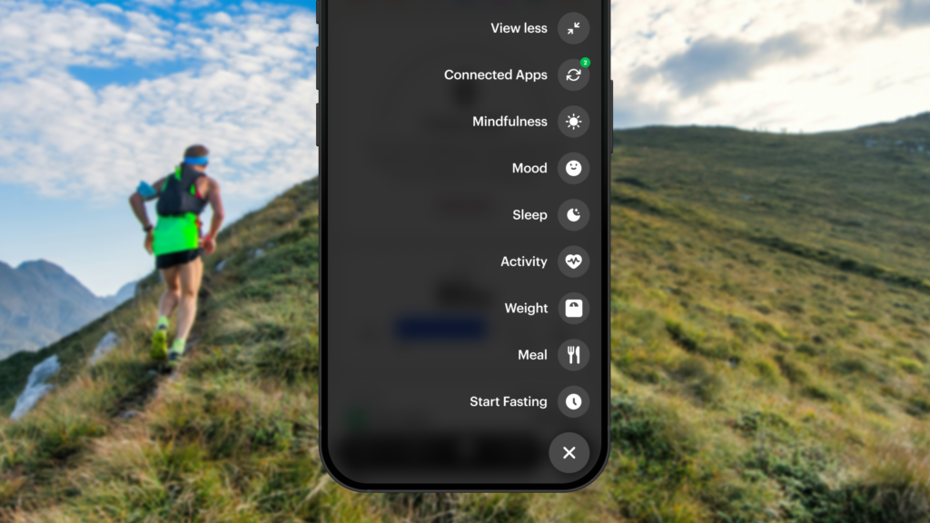 Screenshot of the Zero app's expanded quick-add menu with options like Start Fasting, Meal, Weight, Activity, Sleep, and Mood