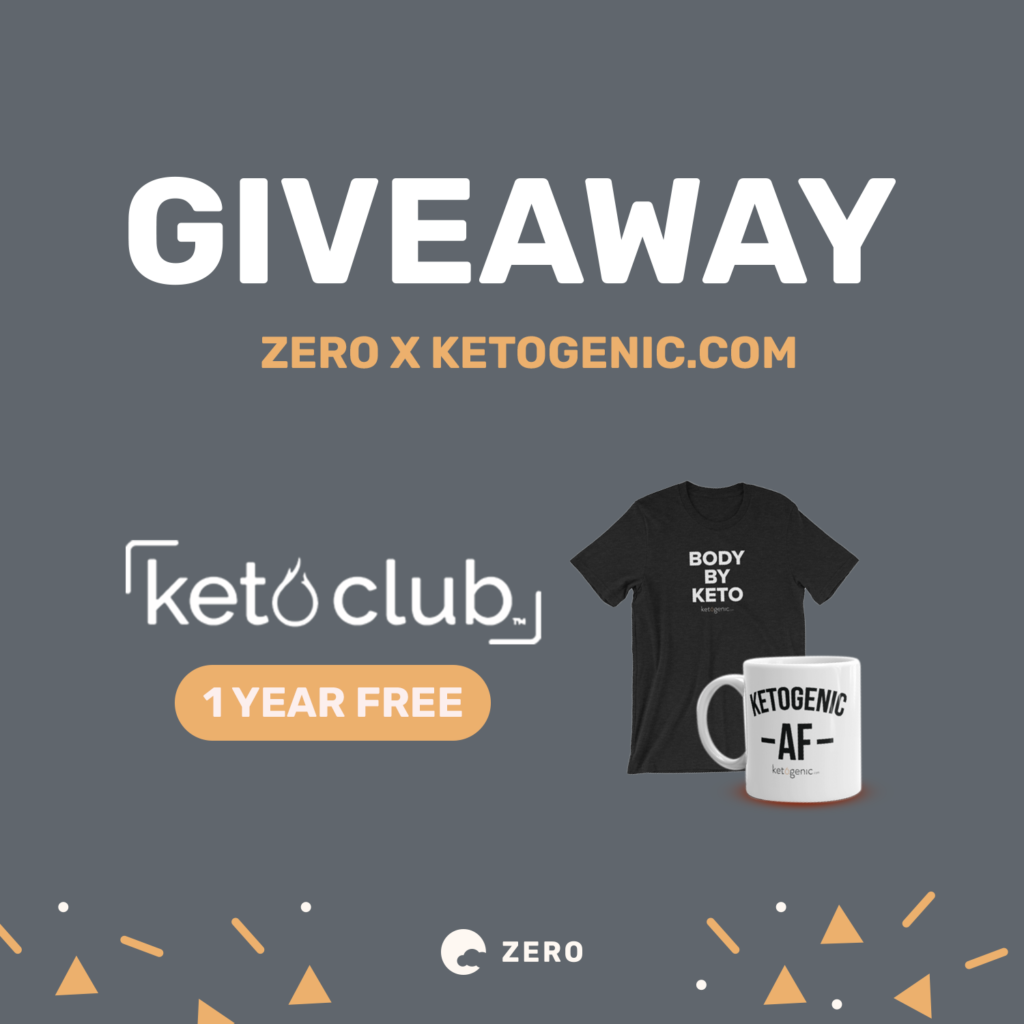 Giveaway promotion for Zero app and Ketogenic.com partnership offering one year free Keto Club membership plus branded t-shirt and mug.