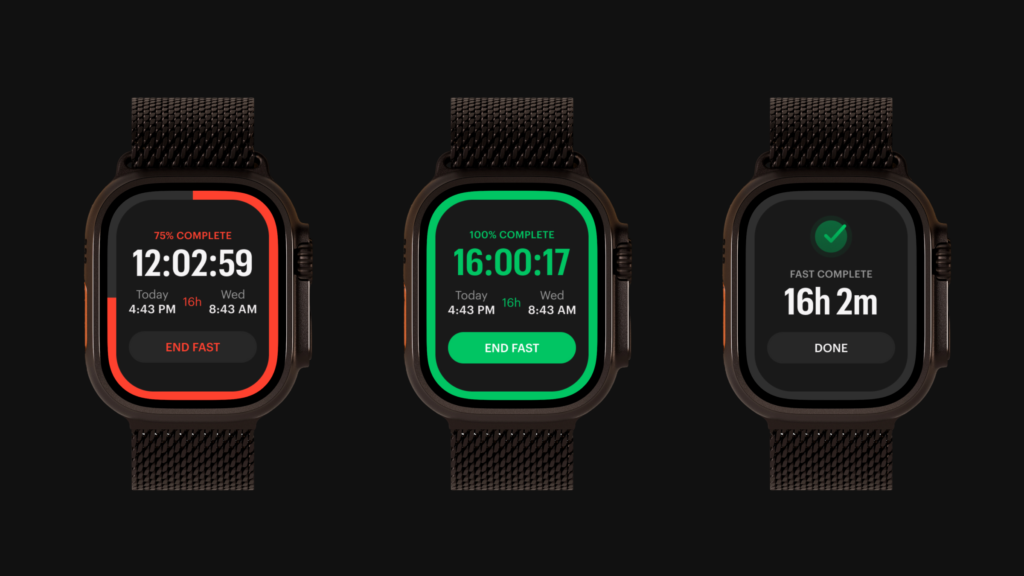 Three Apple Watch faces showing the new Zero fasting app with progress rings for fasts in different stages of completion