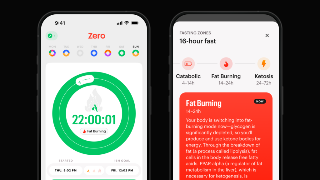 Screenshot of the Zero app's expanded Fasting Zones screen showing a 22-hour timer and details of the Fat Burning zone