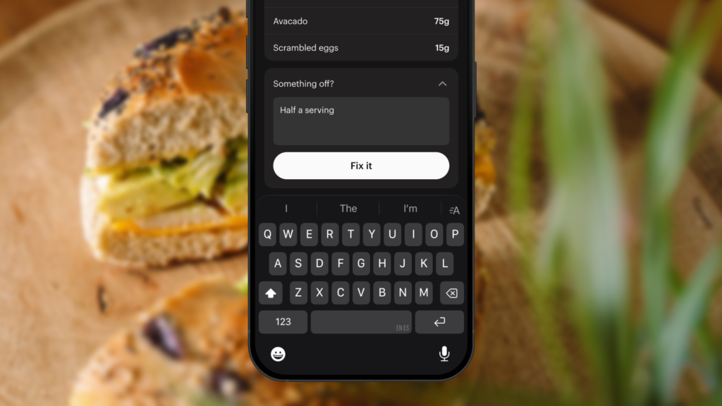 Screenshot of the Zero app's "Fix It" meal editing feature showing a correction being made to a sandwich meal log